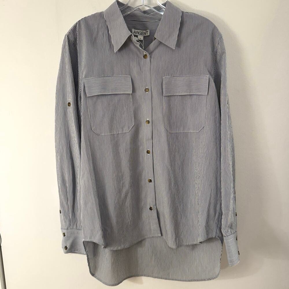 NWT Argent Blue Stripe Oversized Pocket Shirt Size S Viscose Blend Workwear